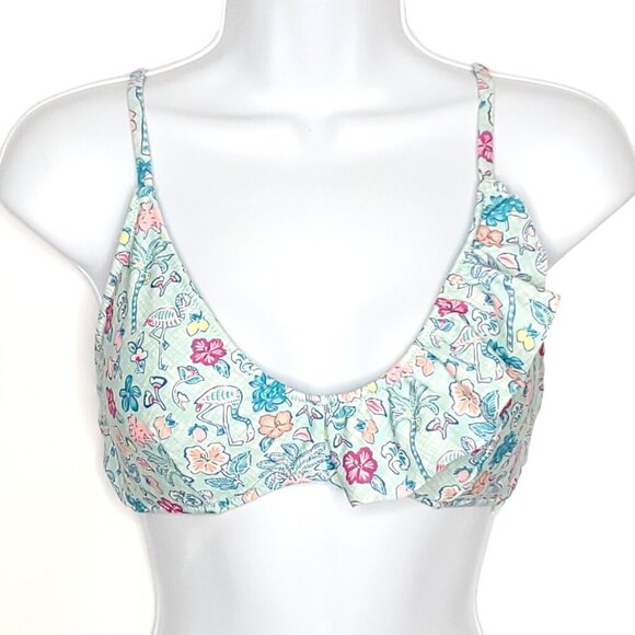 Vineyard Vines Bikini Top Sz M Aqua Pink Flamingo Palm Trees Hibiscus Tropical - Picture 1 of 3